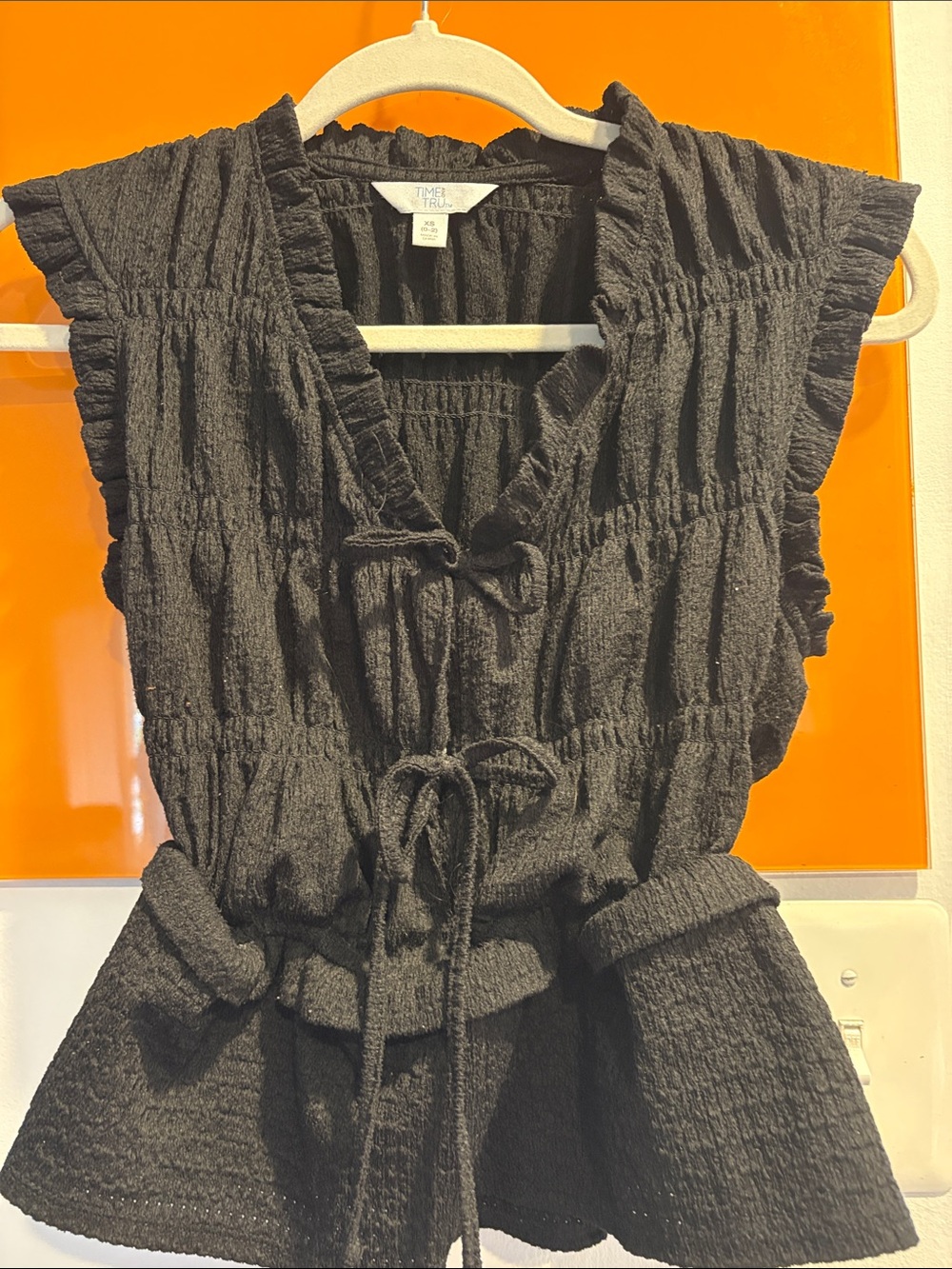 Black Textured Tie-Front Peplum Top